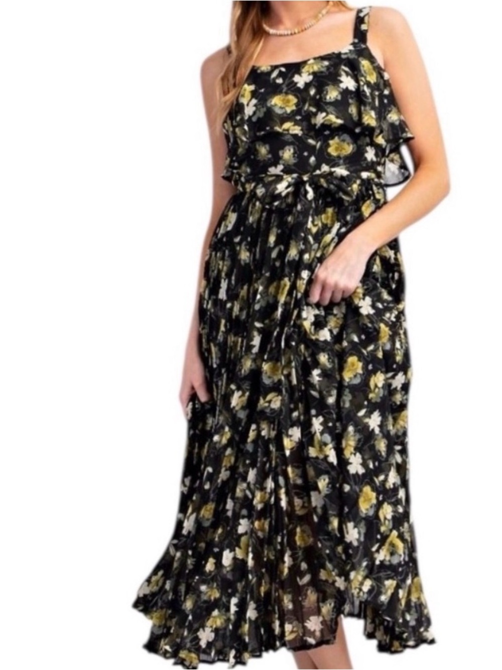 Easel Black Floral medi dress w Yellow/Cream Blooms Lined w/pleated bottom sz L*
